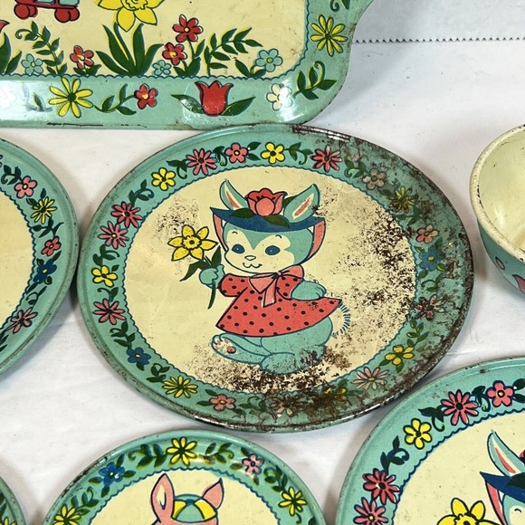Vintage J. Chein Bunny Rabbit 1 Serving Platter, 8 Plates and 2 Cups Litho Tin - Picture 5 of 9